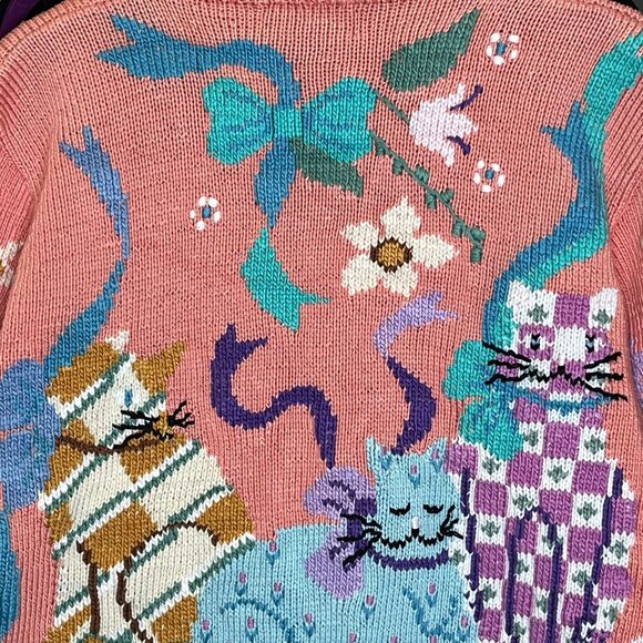 Berek 1989 Hand-Knit Cat Sweater Cardigan + Vintage Cat Brooch 100% Pima Cotton - Picture 12 of 13